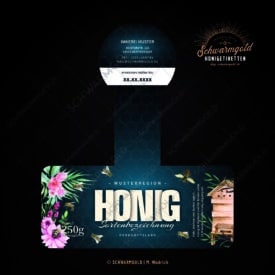 Etikett für Schwarzwald-Honig, 250g, mit Blumen.