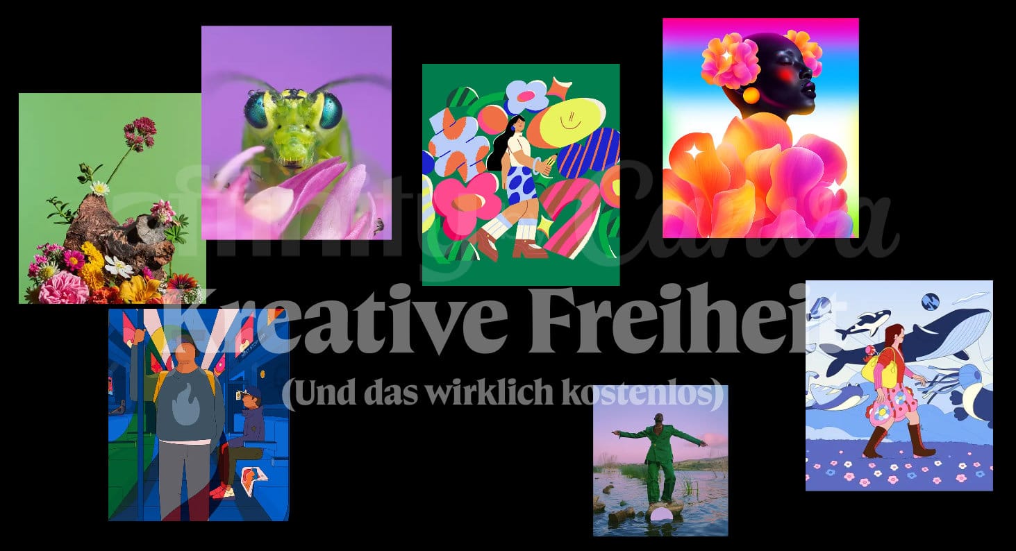 Bunte Collage aus Illustrationen und Fotografien mit dem Schriftzug ‚Kreative Freiheit – und das wirklich kostenlos‘. Symbolbild für Affinity Studio, kreatives Gestalten ohne Abo.