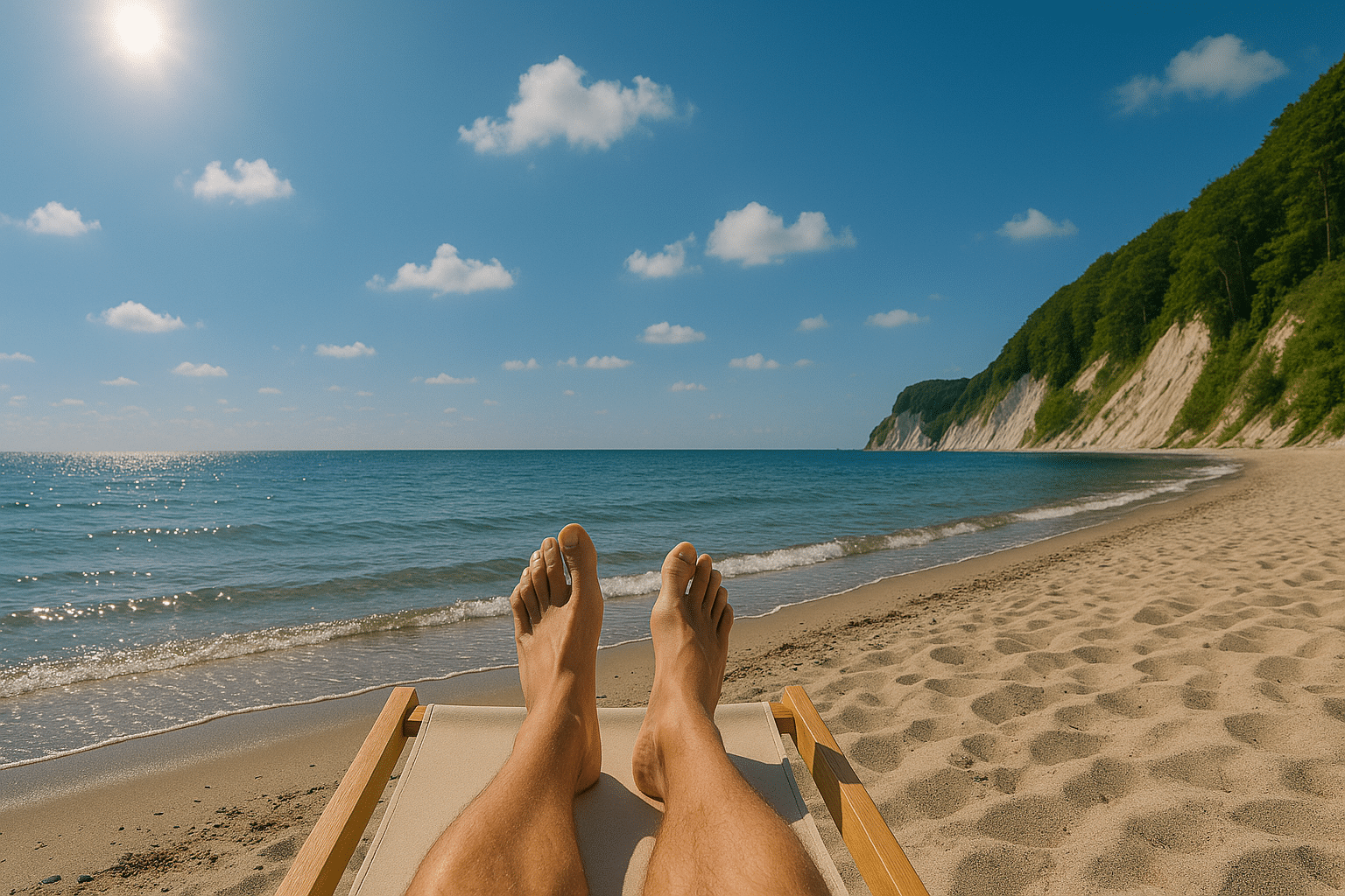 Betriebsferien-2025-Schwarmgold Fotorealistischer Blick vom Liegestuhl am Ostseestrand auf die Kreidefelsen von Rügen bei Sonnenschein und blauem Himmel