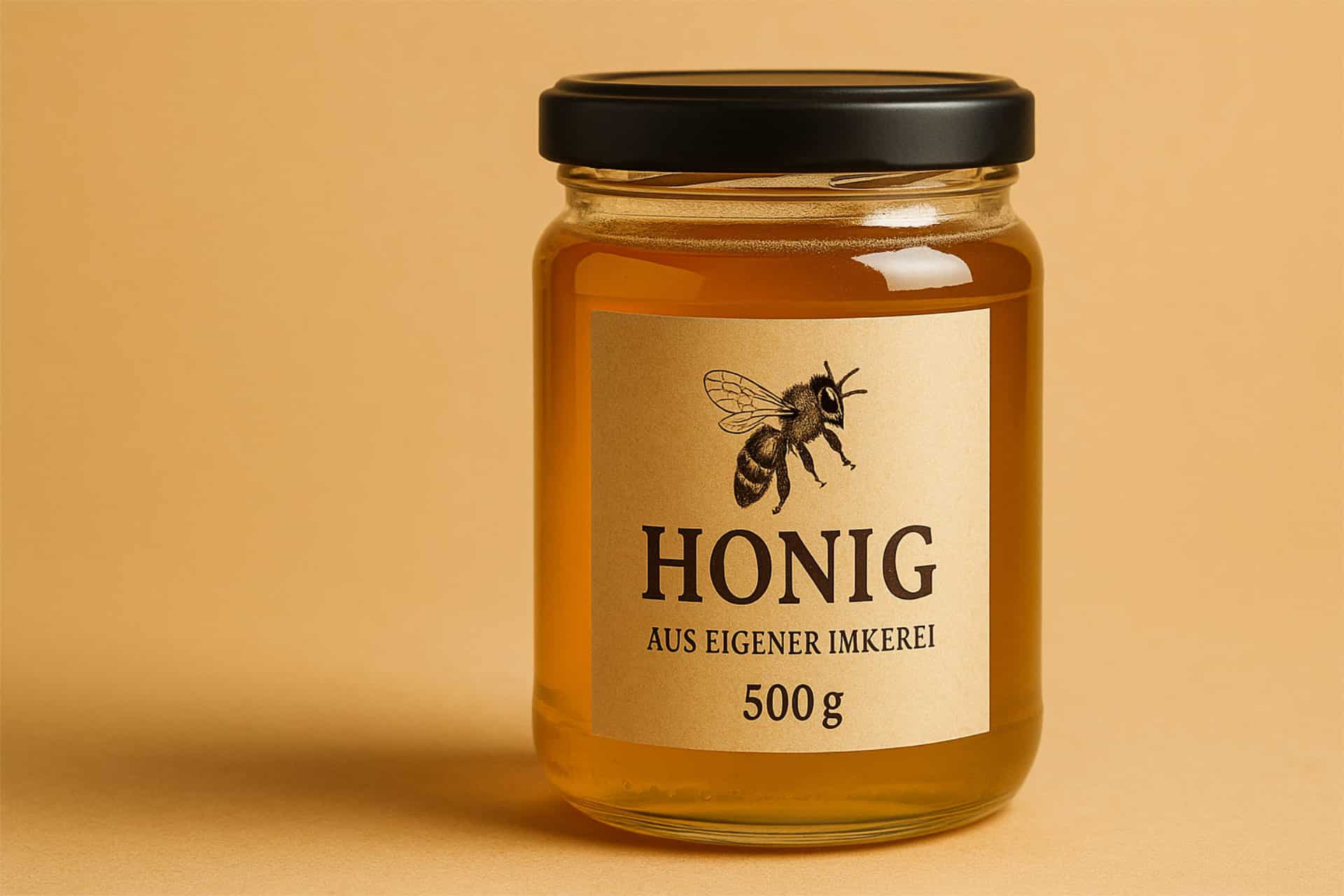 Glas mit 500g Honig, Bienenbild auf Etikett.