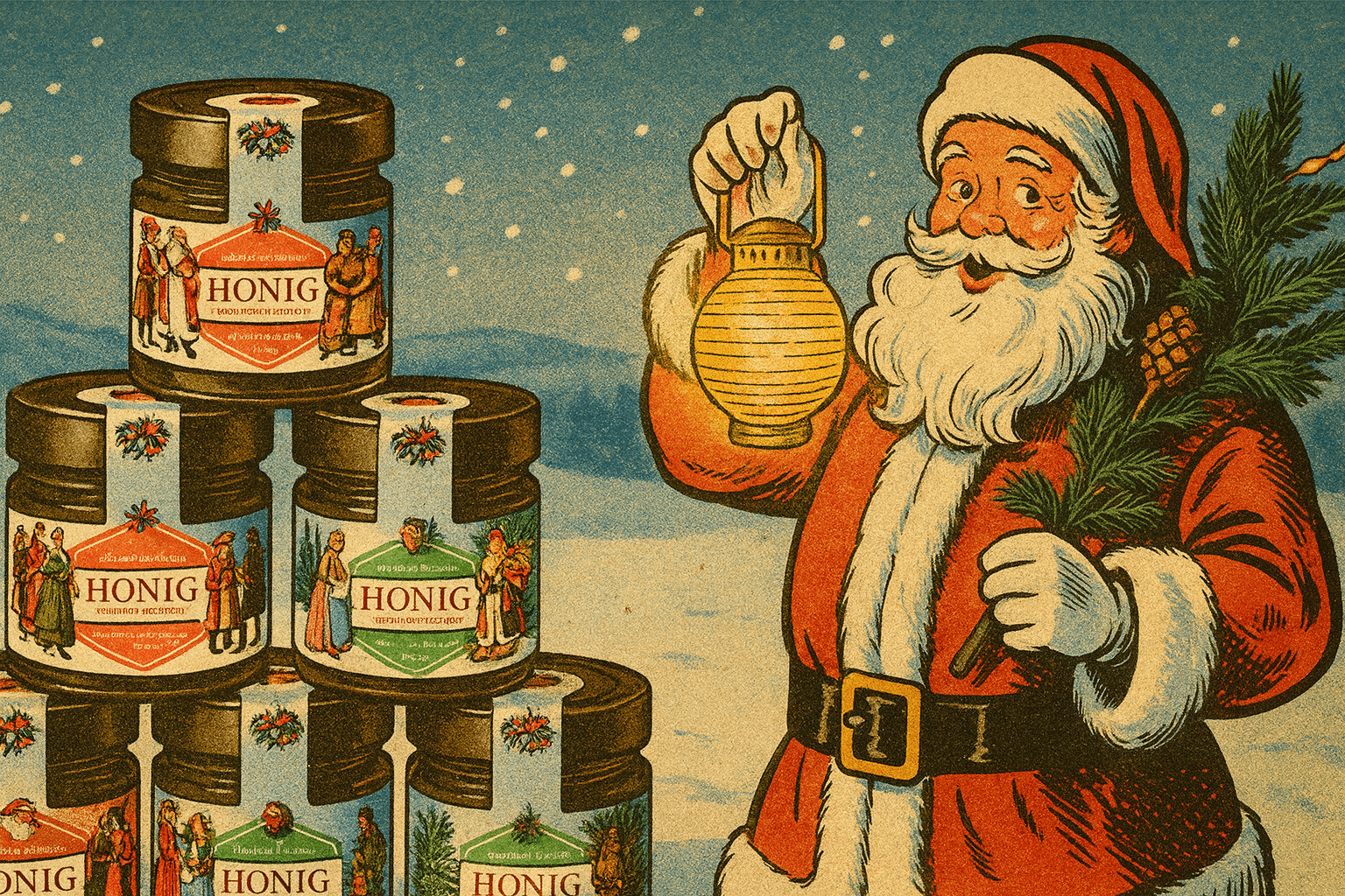 950er-Vintage-Comic-Illustration mit Weihnachtsmann, Honiggläsern und verschneiter Winterlandschaft im Hintergrund – nostalgisch und warm beleuchtet.